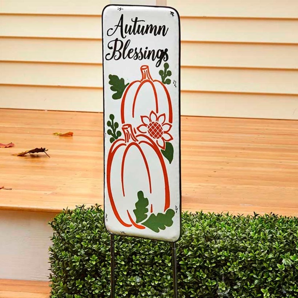 NWT Enamel Harvest Pumpkin Yard Stake that says "Autumn Blessings"